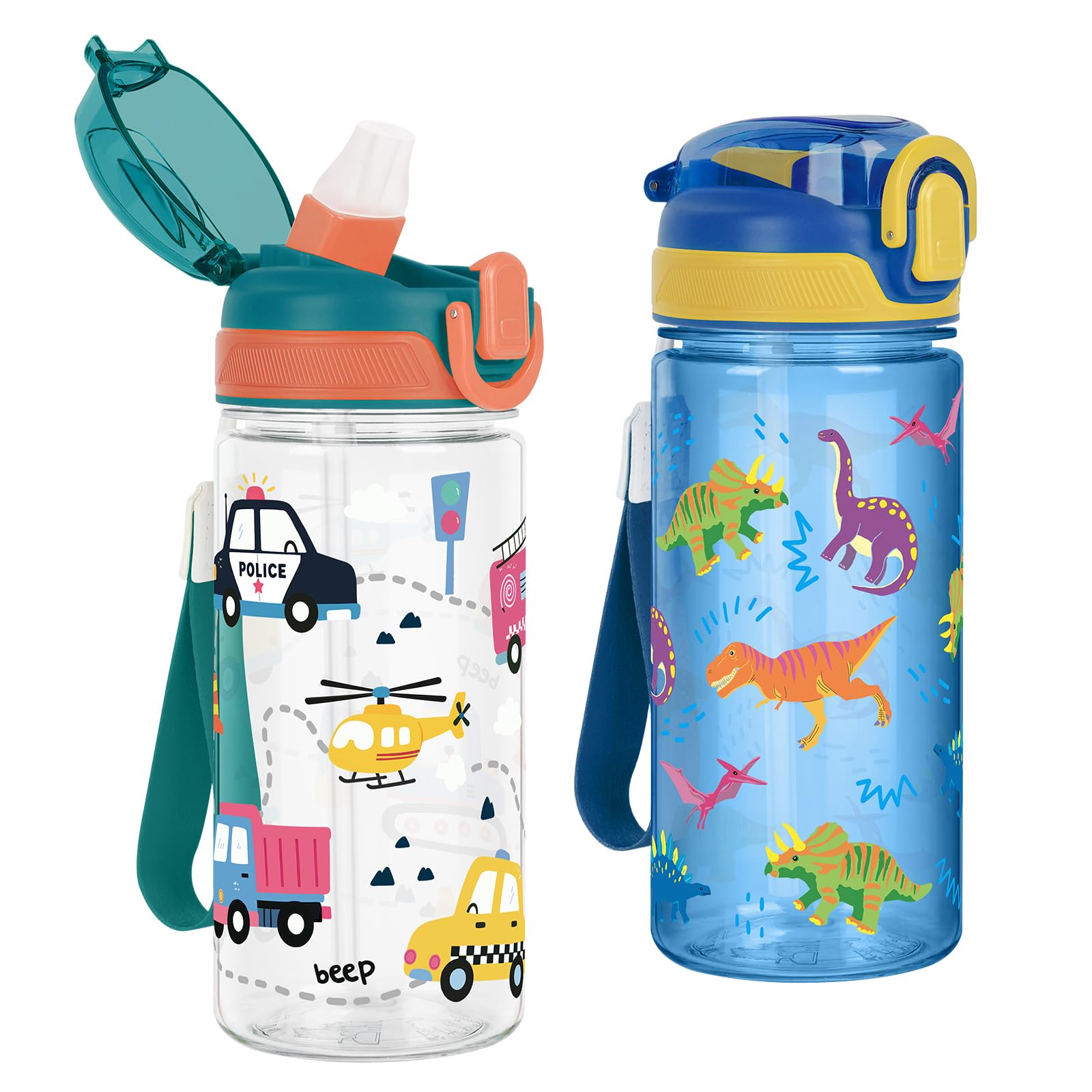 Kids Water Bottles with Straw Tritan 2 Pack 480ML - Dinosaur & Vehicle