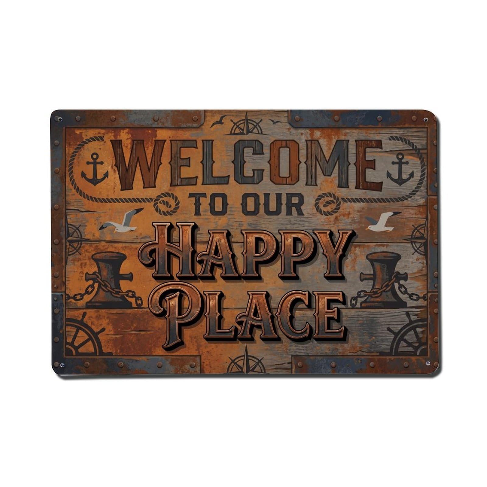 Welcome To Our Happy Place Vintage Bollard Wharf Metal Tin Sign Plaque Wall Decor for Cafe, Club Bar, Office, Home Garden Metal Poster 8x12Inch