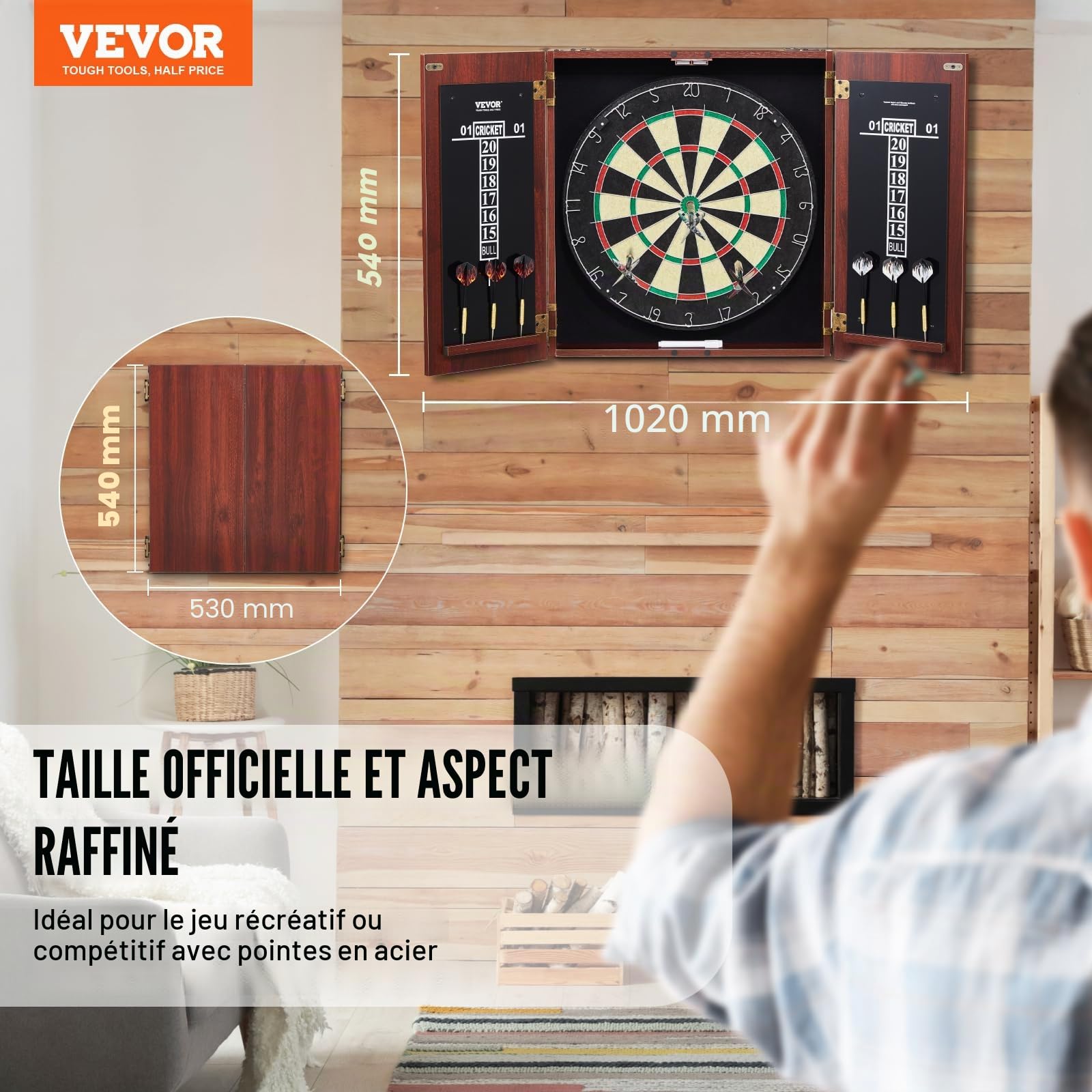 VEVOR Cible de Fléchettes et Armoire Prêt à Jouer, Armoire à Fléchettes de Taille Officielle, Jeu de Fléchettes à Pointe en Acier, Assemblage Facile, Accessoires Complets, pour Jeux de Cricket