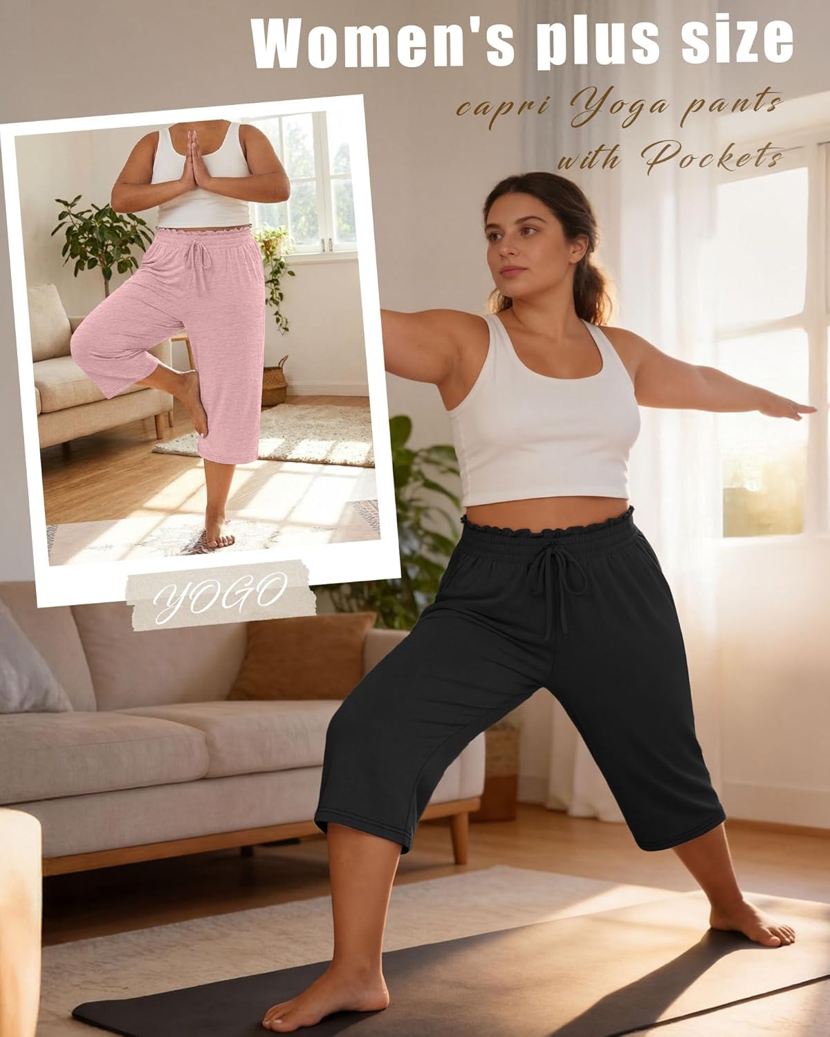 Neer 3 Pack Women's Plus Size Capris High Waisted Drawstring Wide Leg Cropped Sweatpants Lounge Yoga Pants with Pockets - Image 3