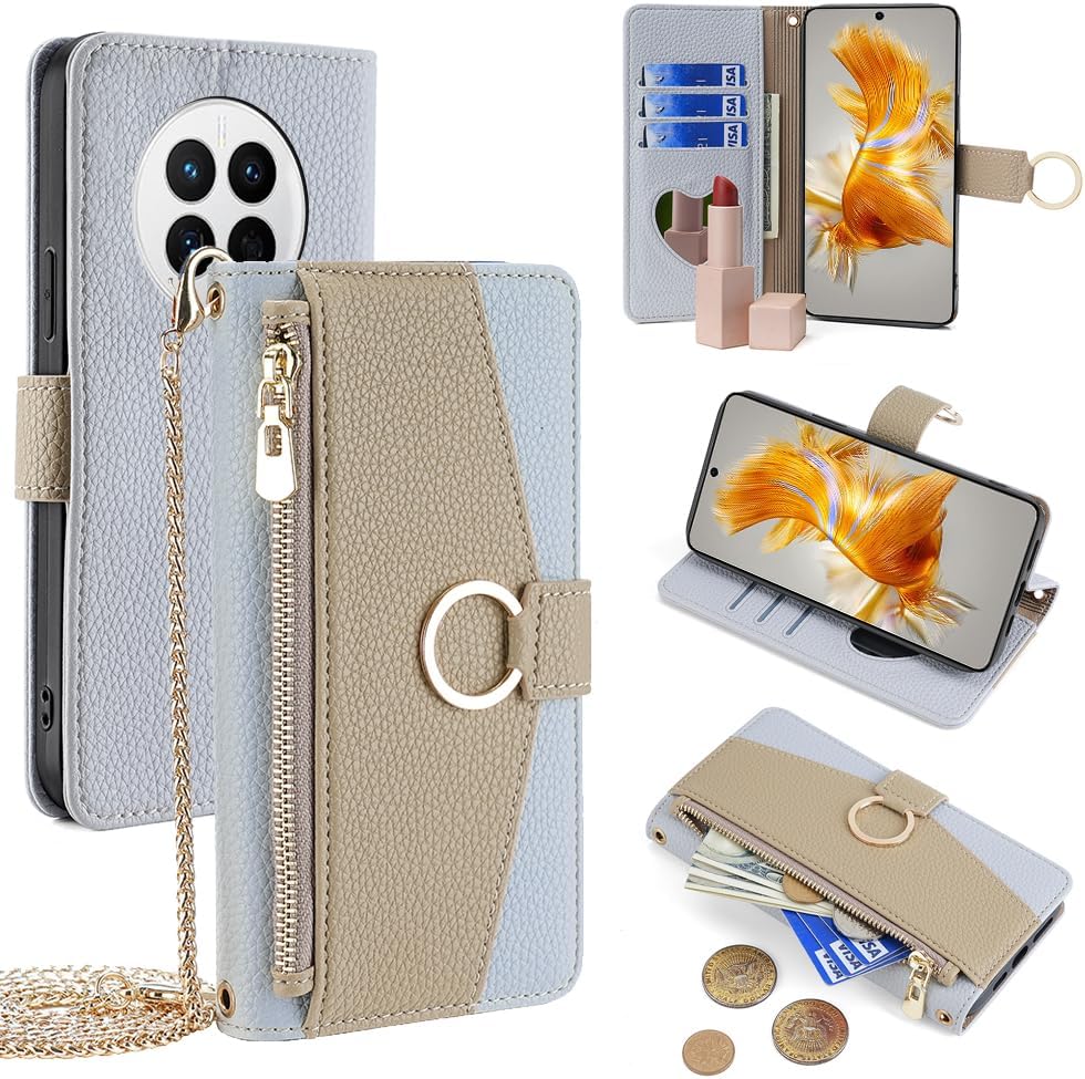Wallet Case with Crossbody Strap Compatible for Huawei Mate 50/Huawei Mate 50E, Magnetic Handbag Zipper Pocket Cases PU Leather Flip Shockproof Cover with Kickstand Blue