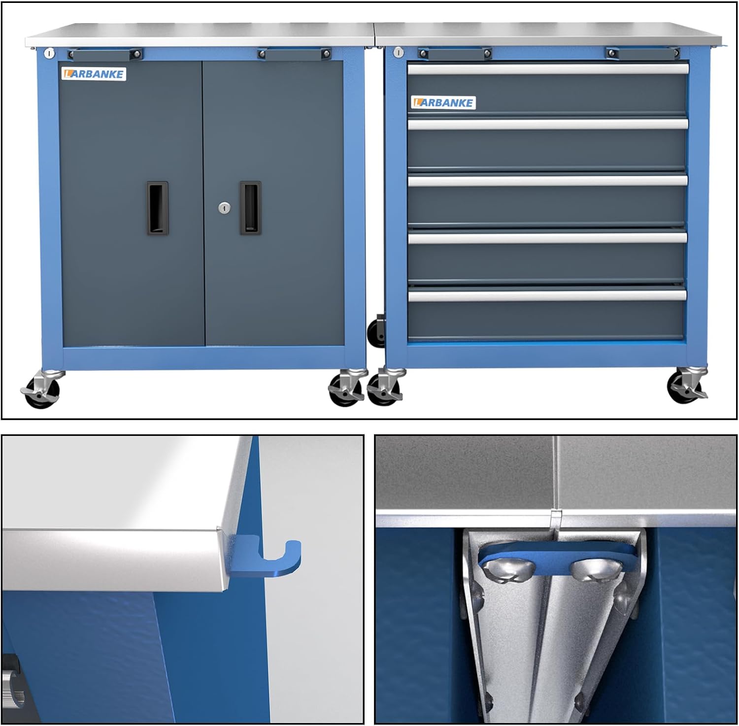 LARBANKE Combination Tool Chest with Lock,5-Drawer/7-Drawer/2 Door Tool Cabinet can be Interconnected,Rolling Tool Chest with Wheels and Padded Feet,with Stainless Steel Protective Film Countertop