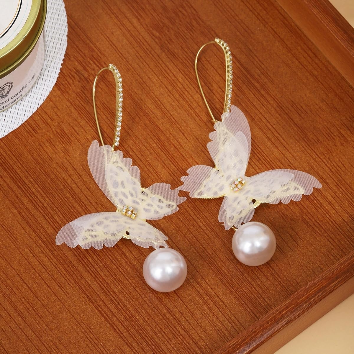 Hollow Mesh Butterfly Pearl Earrings Dainty Rhinestone Butterfly Dangle Earrings for Women Party Jewelry - Image 7