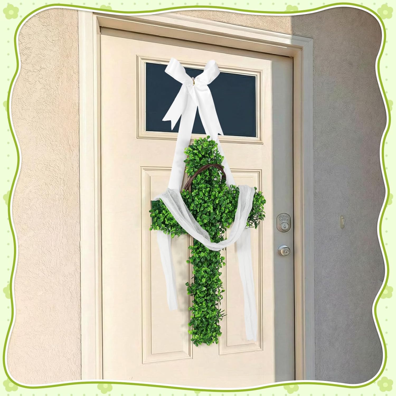 Zeyune Large He is Risen Cross Wreath Green Faux Plant Wooden Design Foldable Easter Door Wreath Decoration for Front Door Christian Faith Hanging for Spring Home Porch Farmhouse