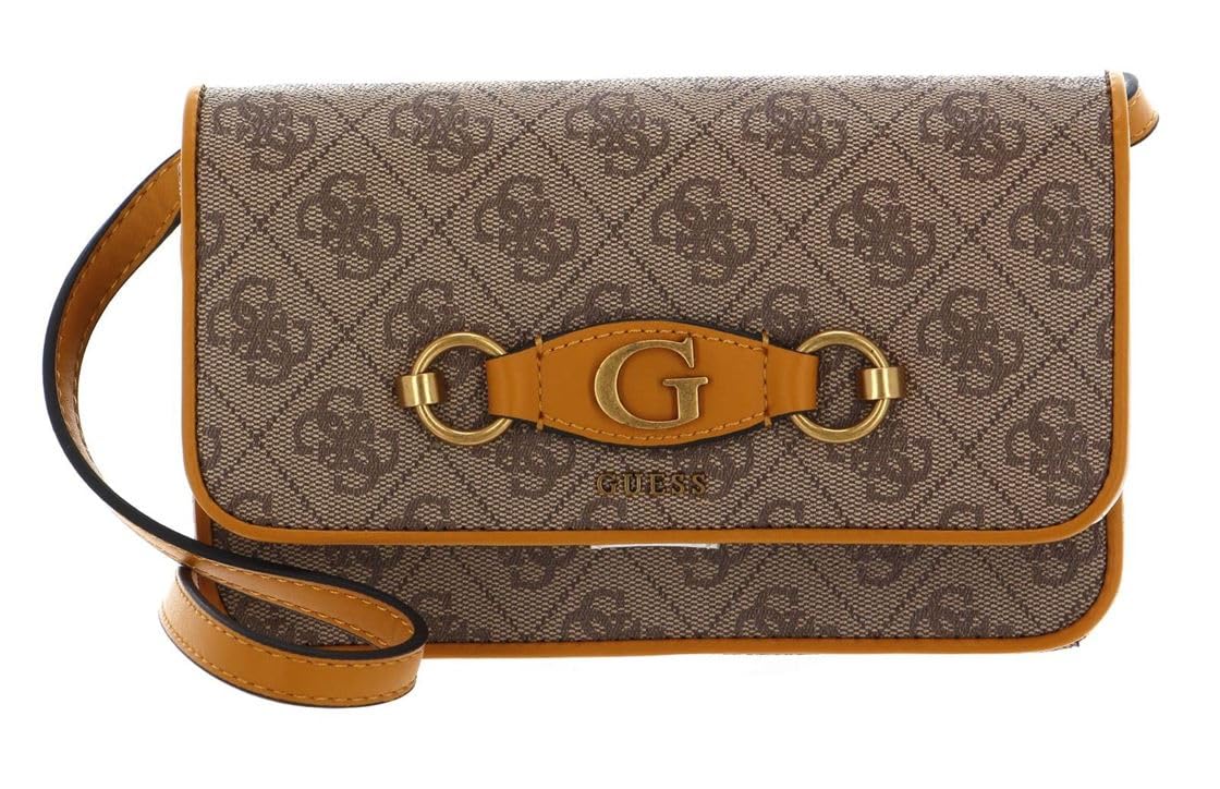 Guess Izzy Pochette Téléphone Haut de Gamme en Toile Enduite et Finitions Cognac