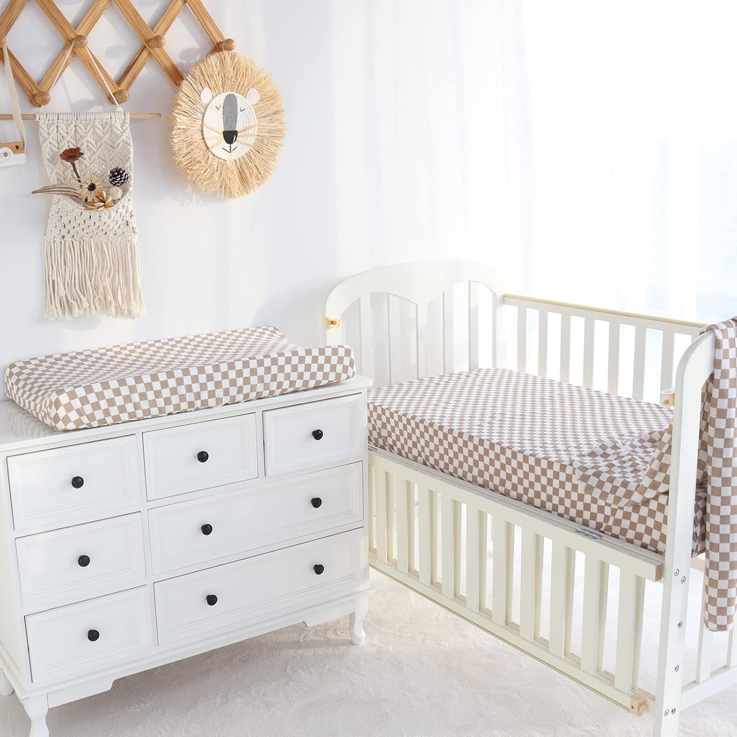 LifeTree Muslin Crib Sheets and Changing Pad Covers Fitted, Checkered Pattern, 70% Viscose from Bamboo and 30% Cotton Fabric