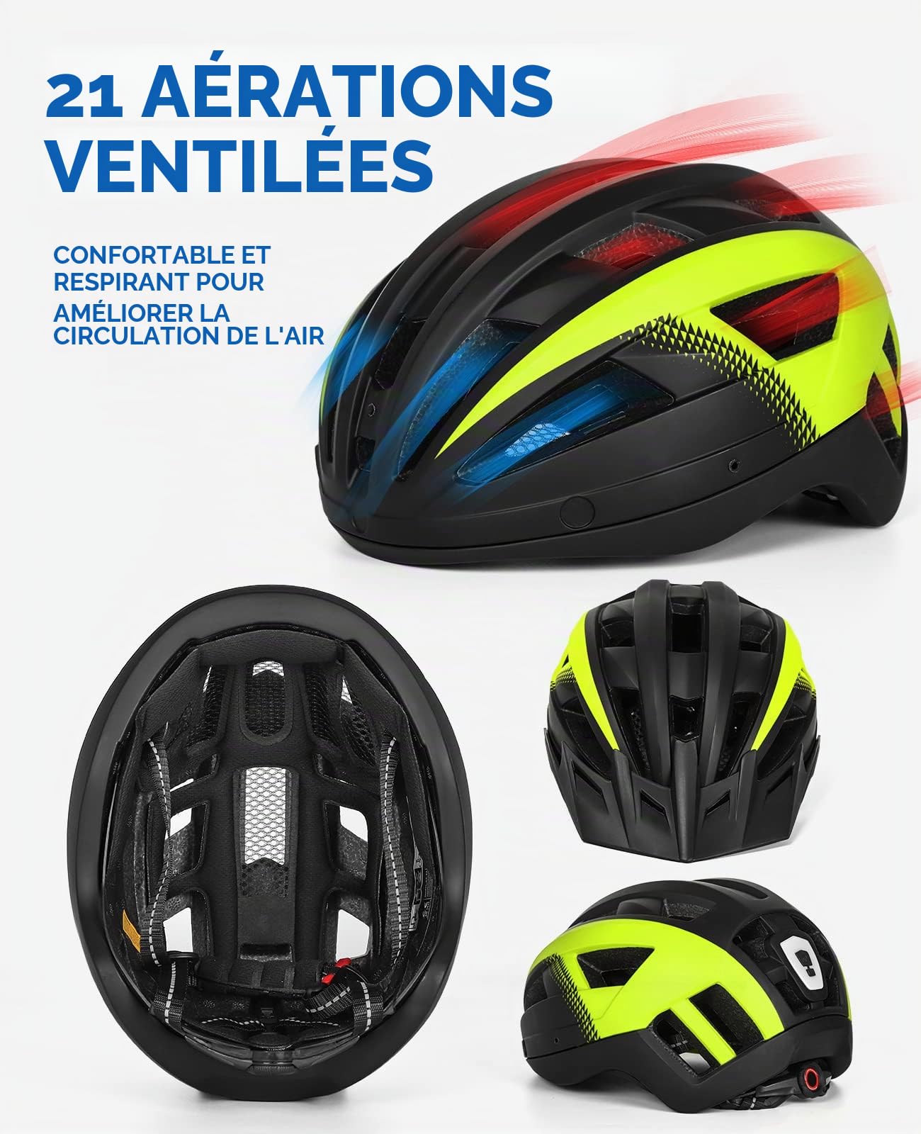Casque Velo Homme Femme avec Visiere et Lunettes Détachables, Casque Vélo Casques VTT avec Feu Arrière à LED Rechargeable, Casque Cyclisme pour Adulte et Adolescent (XL: 59-63 cm, Noir Jaune)