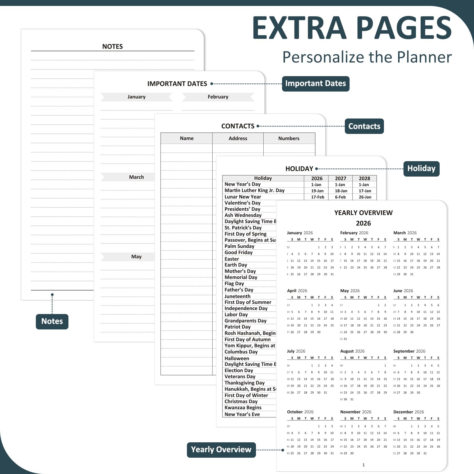 Comkiso Agenda settimanale e mensile non datata, con linguette adesive, A5, planner accademico senza data, per donne e uomini, pianificazione giornaliera, copertina rigida, in pelle, tutto in uno, per