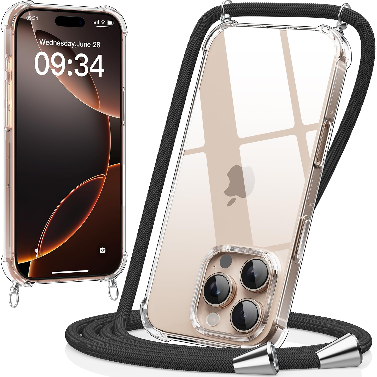 caslord Handyband kompatibel mit iPhone 16 Pro 6,3 Zoll, Necklace Hülle mit Bands Handyhülle für zum Umhängen, Transparent Case mit Handykordel,Stoßfeste Schutzhülle zum Umhängen Kordel,Schwarz