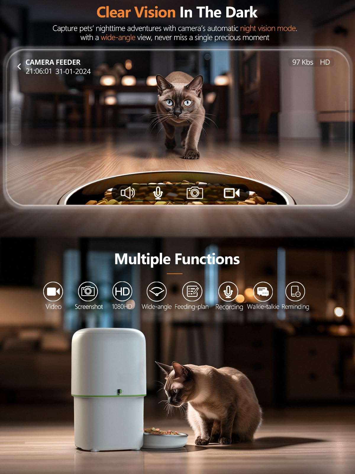 Automatic Cat Feeder with Camera - 5G WiFi Auto Cat Food Dispenser, 1080P HD Video with Night Vision, 1-15 Meals, 1-99 Portions, 2-Way Audio, Keeps Food Fresh, 4L Timed Pet Feeder Also for Dogs view 4