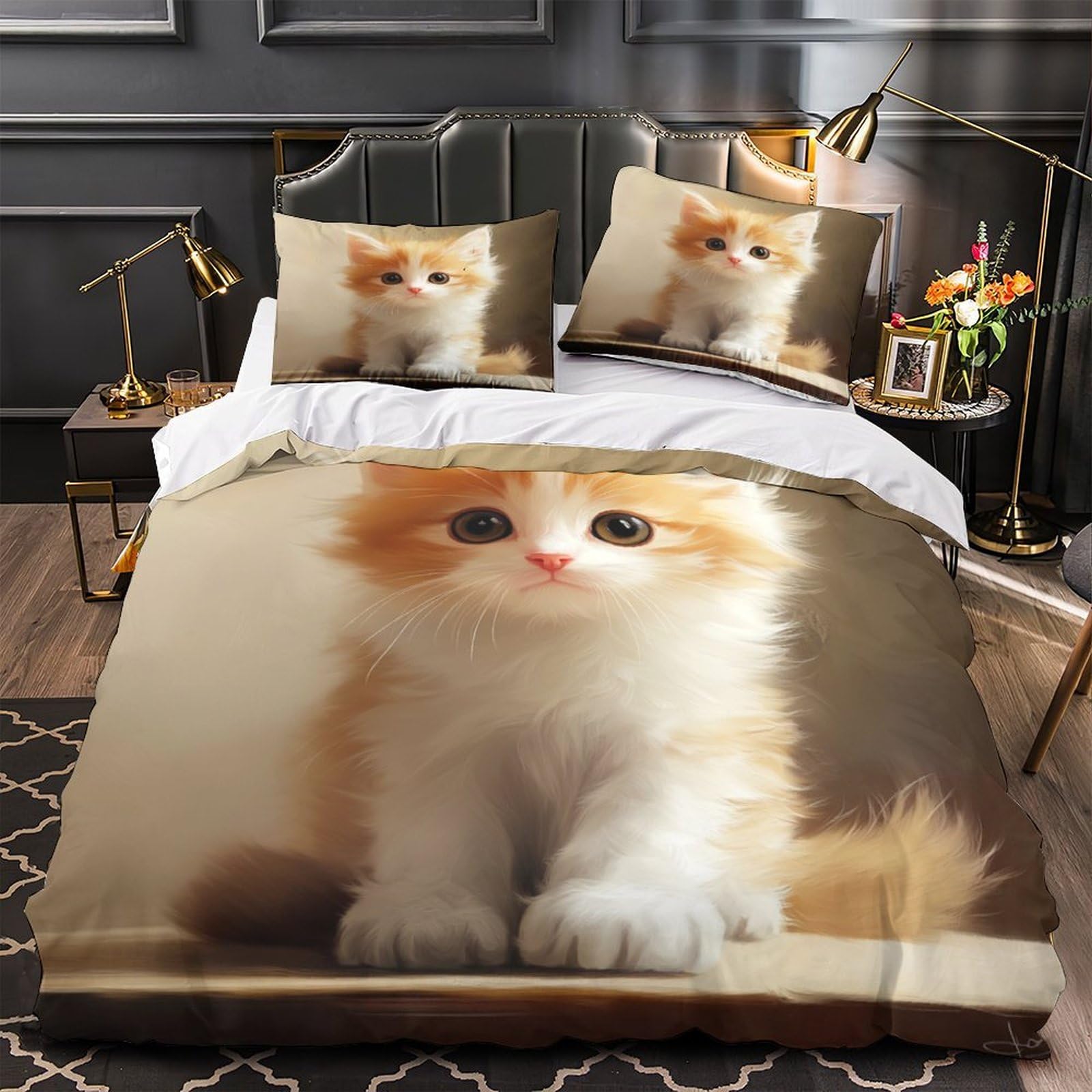 Housse de couette chaton 3D hypoallergénique parure lit 260x220cm anti-acarien avec zip