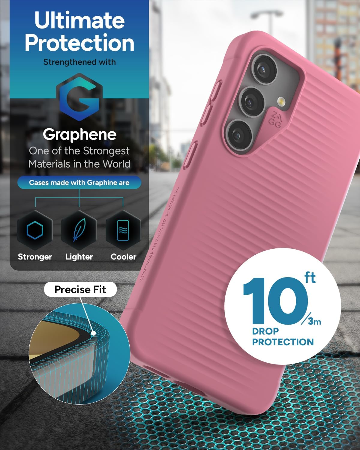 ZAGG Luxe Samsung Galaxy S24 – Graphene-Enhanced, Ultra-Slim, Shock-Resistant, 10ft Drop Protection, Eco-Friendly Design, Wireless Charging Compatible, Coral Pink