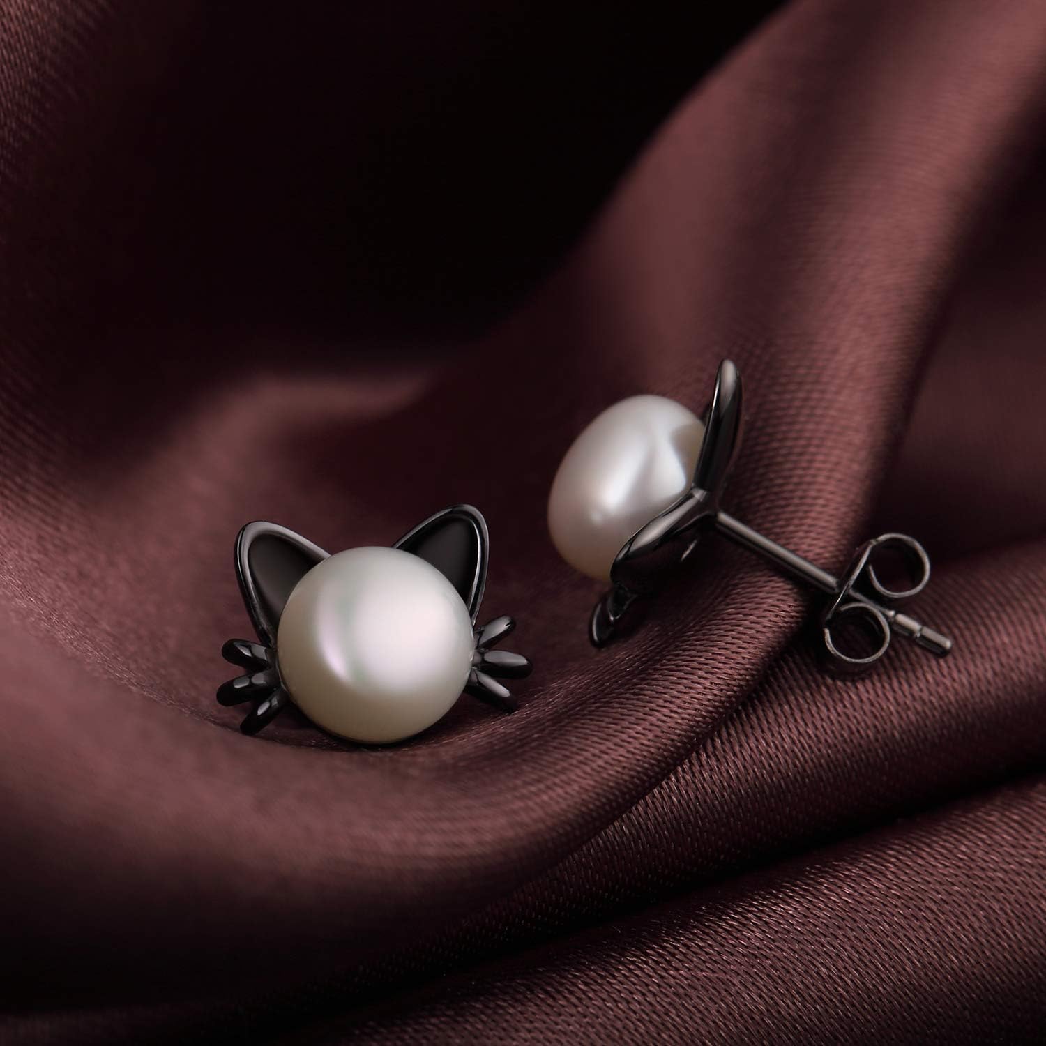 Cute Cat Pearl Earrings-925 Sterling Silver Cat Pearl Stud Earrings with Freshwater Pearl 7.5MM, Cat Lover Jewelry Gift