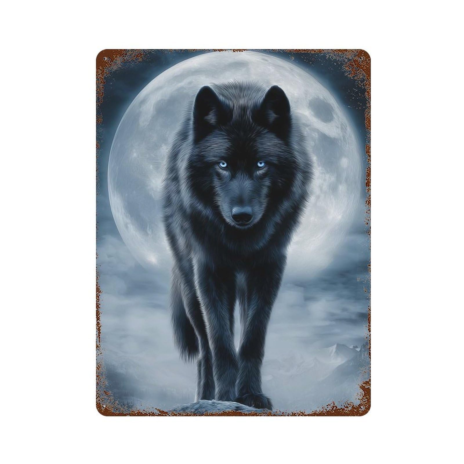 Rust Effect Black Wolf in Moonlight Aged Metal Wall Plaque 15.7"x11.8", Shabby Chic Decor for Basement, Hobby Room And Garage Decor