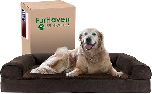 Furhaven Cama para perro, de espuma de gel refrescante, estilo sofá, Sherpa y chenilla, café, gigante (XL)
