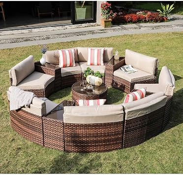SUNSITT Outdoor Patio Furniture Set 13-Piece Round Sectional Sofa Curved Wicker Sofa with 4 Side Table and Pillows, Brown Rattan & Beige Cushion