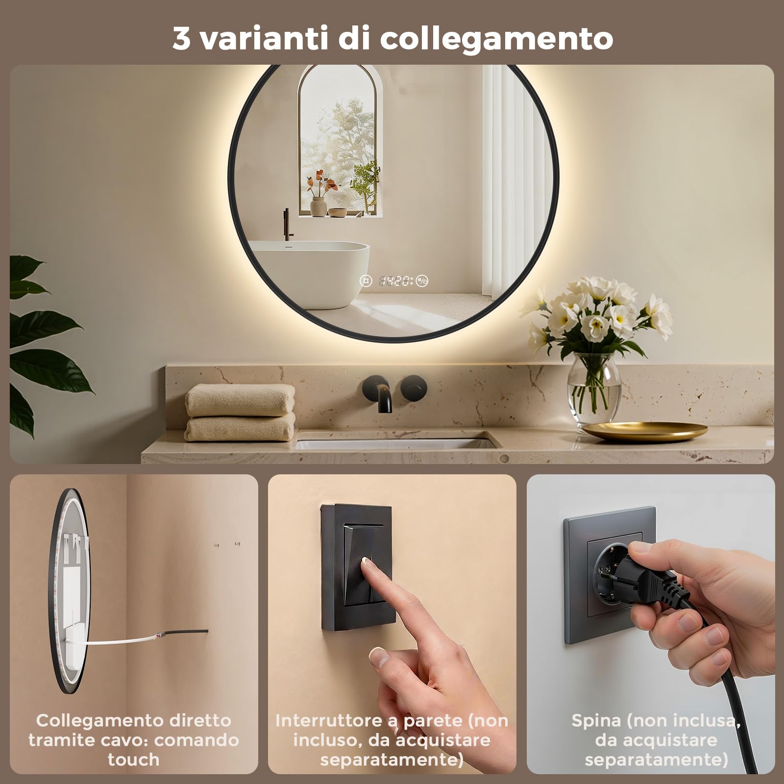 S'AFIELINA Specchio Bagno con Luce rotondo Ø 60 × 3 cm (P), Cornice Nera, Touch, Dimmerabile, Antifog, Orologio, Temperatura, Funzione Memoria, Specchio Bagno Retroilluminato, HD Vetro Temperato