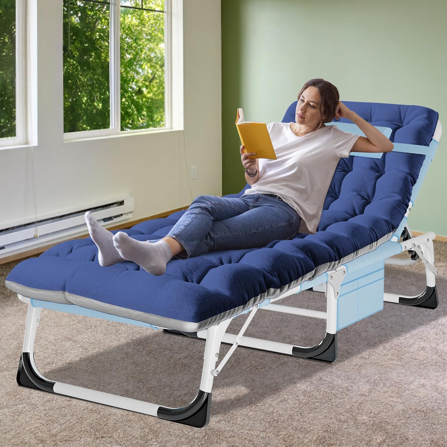 ABORON Heavy Duty Tanning Chair, Outdoor 5-Position Folding Chaise Lounge Chair with Pad, Portable Beach Lounge Chair for Outdoor Sunbathing Patio Pool Lawn Deck Poolside Slate Blue Lounge Chair
