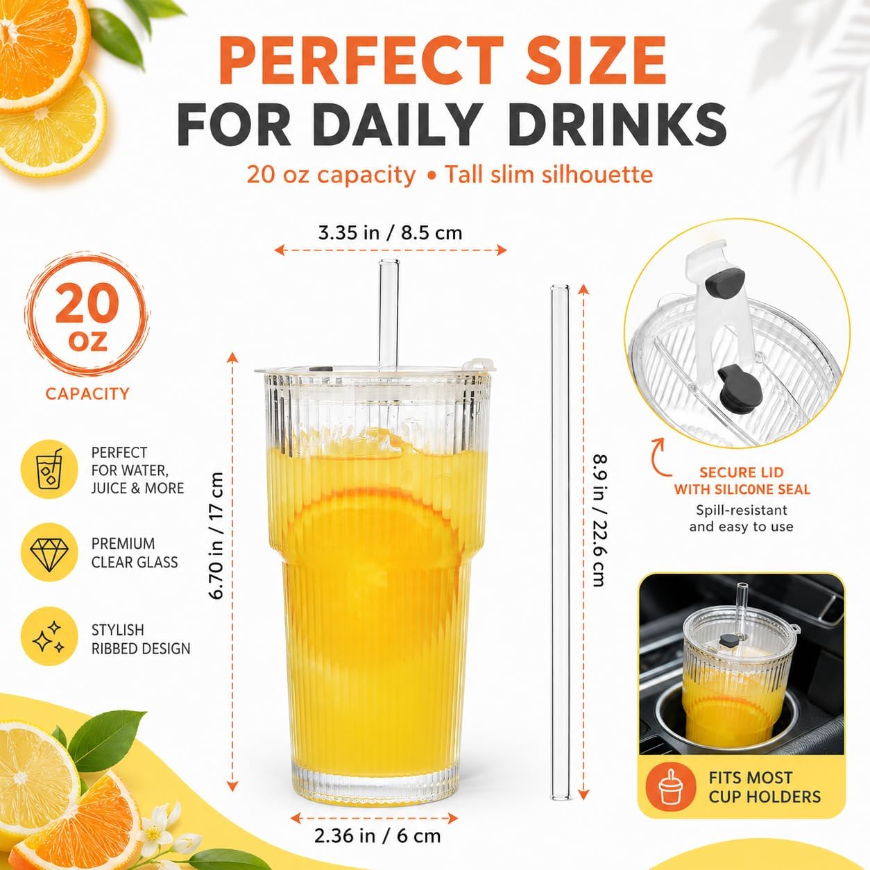 ALINK 2 bicchieri in vetro a coste da 600 ml, con coperchio e cannuccia, bicchieri da caffè freddo, set da long drink, design ermetico e impermeabile, ideali come caffè