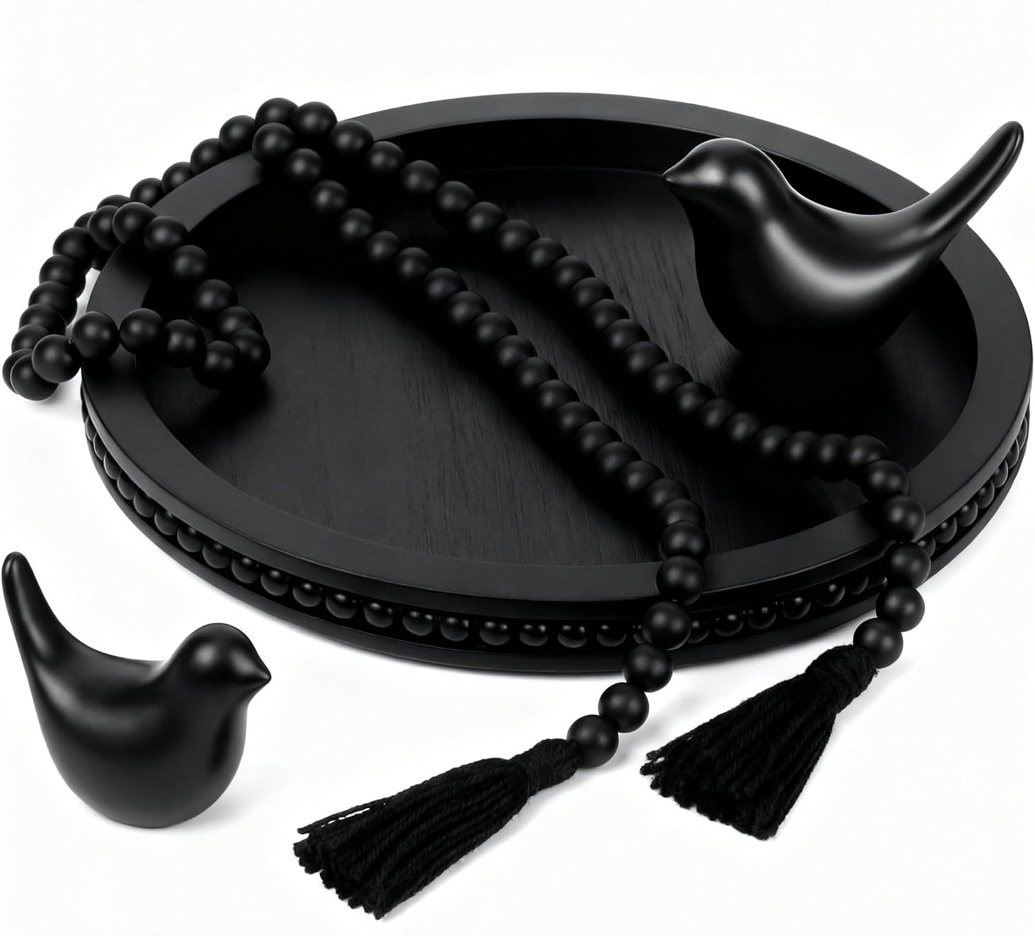 4 Pcs Round Wood Decorative Ottoman Tray Set Coffee Table Decor Wood Beads Garland with Tassels Small Birds Statues for Rustic Style Kitchen Counter Living Room Kitchen Tabletop (Black)