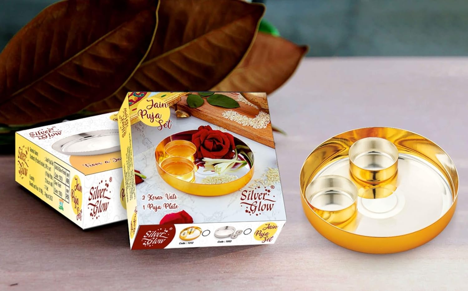 Silverglow Jain Pooja Set | Silver Plated Puja Thali Set | Diwali, Office, Mandir, Wedding Return Gift Item of 3 Pieces | Includes: Puja thali and Kesar vatis