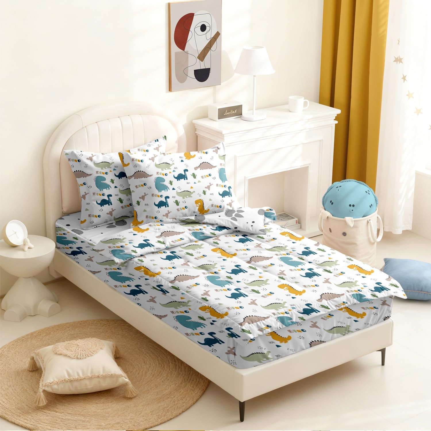 Kids Comforter Set,Zipper Bedding Twin for Boys,Dinosaurs Printed Comforter Set with Paw Fitted Sheets and Pillowcases for All Season(Dinosaurs Twin)