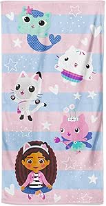 Gabby’s Dollhouse Strand-Badetuch für Kinder, 100 % Baumwolle, gestreift, Pandy-Pfote, Mercat Cakey, Katze, Fee, Geschenk für Mädchen, Jungen, Kleinkinder