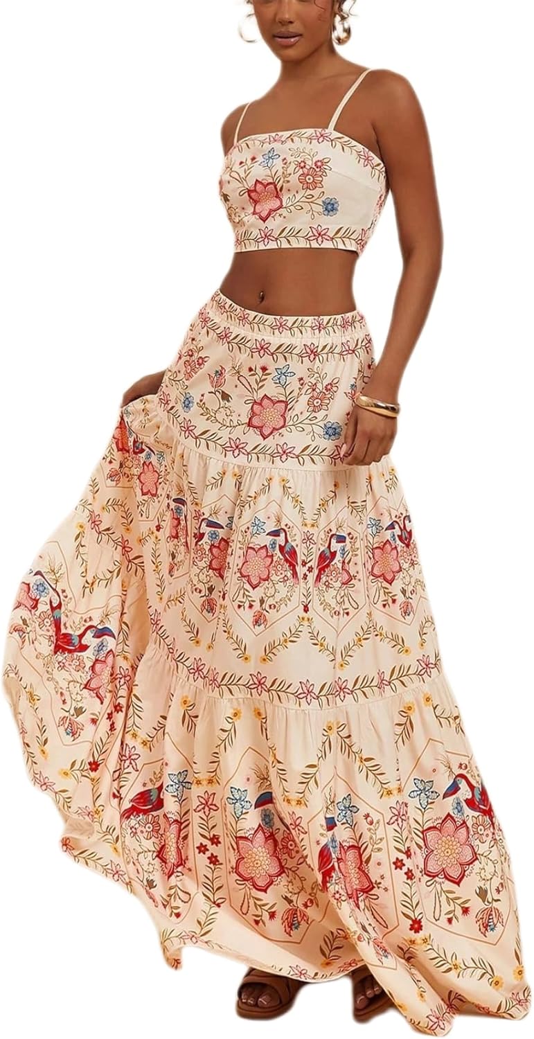 ksotutm Skirt Set Floral Halter Crop Tops and Maxi Skirt Summer Two Piece Sets for Women Going Out Outfits