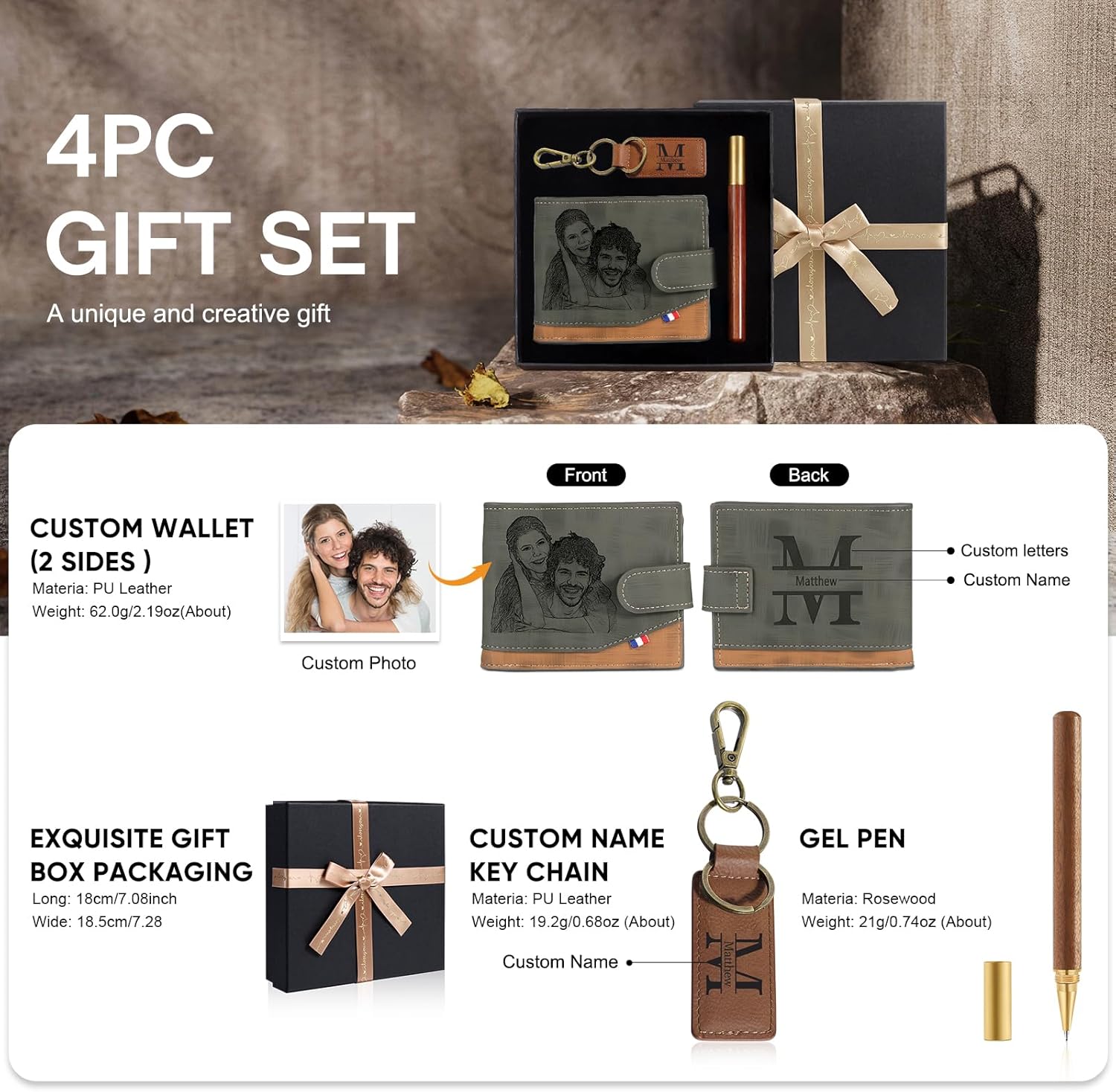 Custom Mens Wallet - Personalized Gifts for Husband Boyfriend Dad Son - Mens Gift Sets for Christmas Birthday Fathers Day