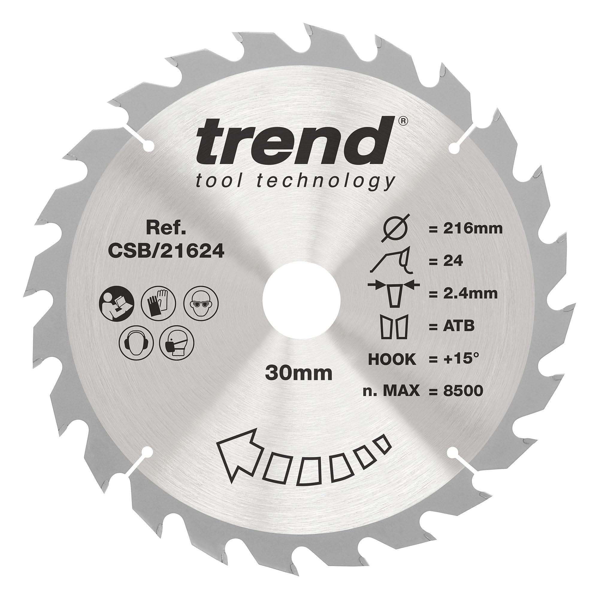 Trend Wood Circular Saw Blade, 216mm Diameter, 30mm Bore, 24 Teeth, 2.4mm Kerf, +15° Hook, TCT, Coarse Finish, CSB/21624