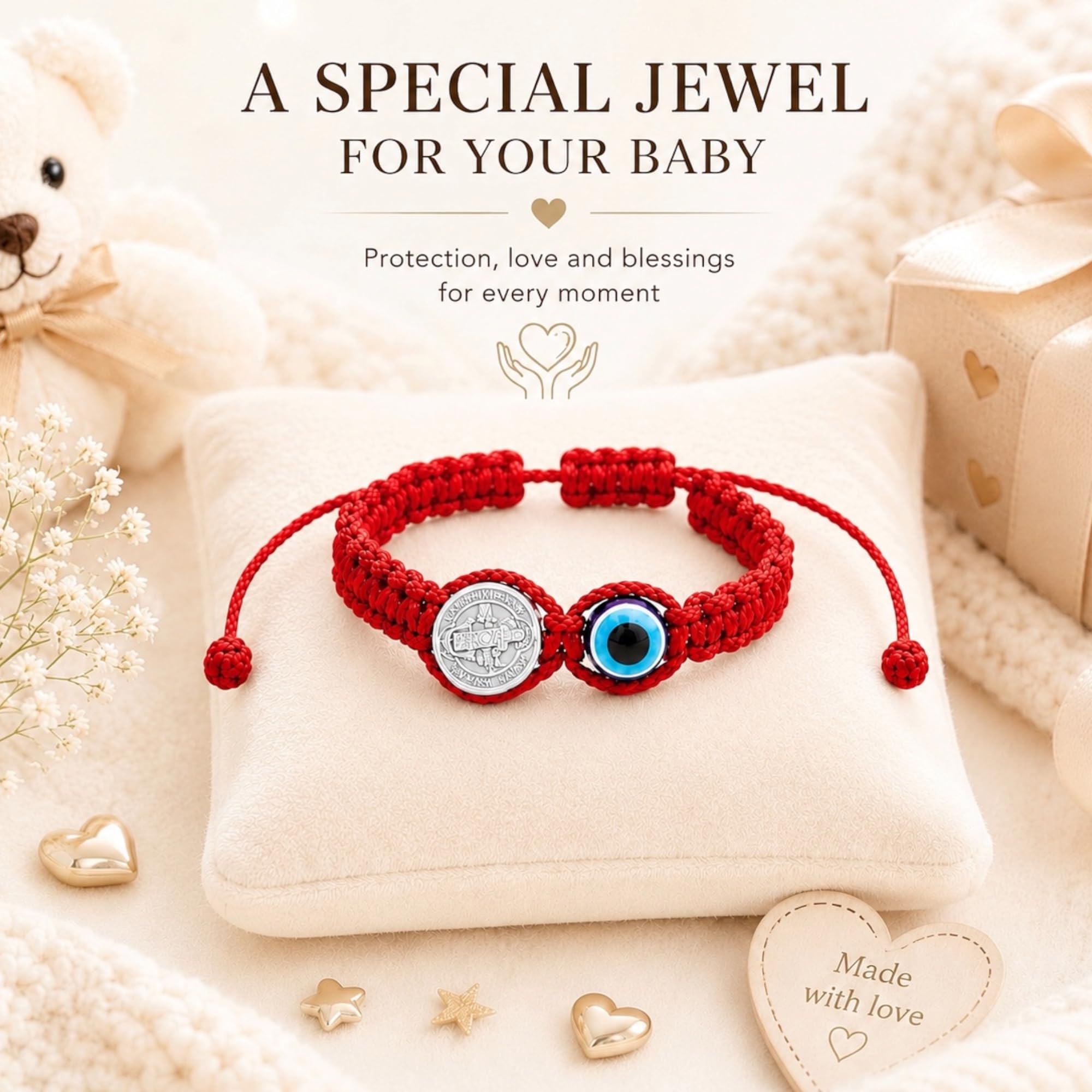 Liamlove Baby Armband, rotes Schnurarmband mit Heiligem Benedikt und bösen Blick für das neue Familienmitglied, St. Benedikt und Evil Eye Armband