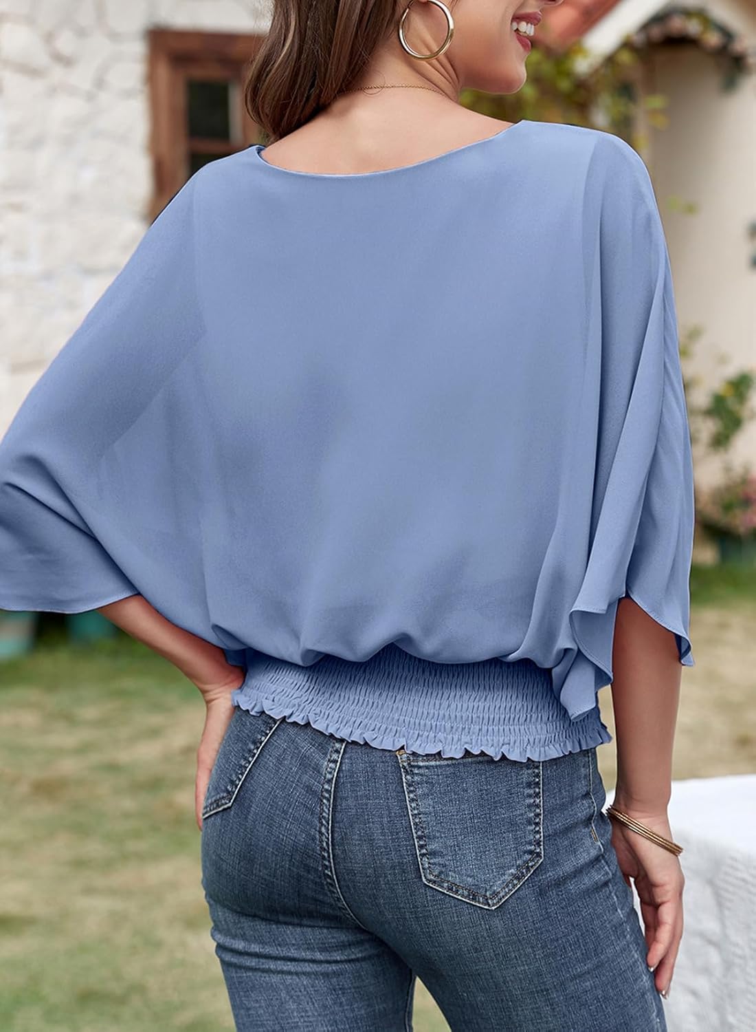 Dokotoo Womens Blouses Dressy Casual Boat Neck Flowy Chiffon Blouses Poncho Batwing Tops - Image 5