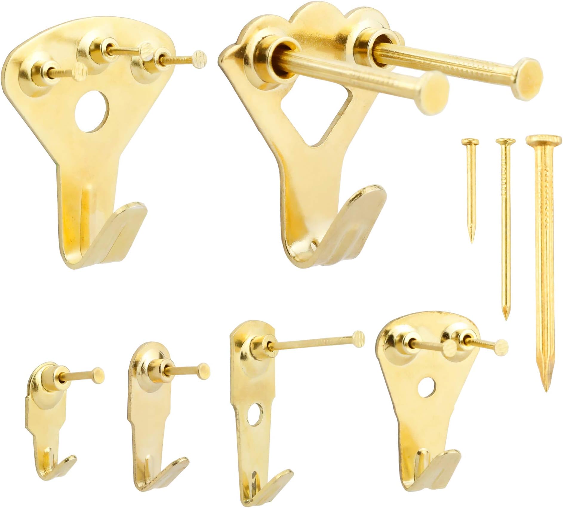 205 Pcs Professional Picture Hangers, Gold Color Picture Photo Frame Hooks Hanging Kit for Wall Mounting with 3 Sizes Pin Nails,Supports 10-100 lbs & Reduce Damage to Walls