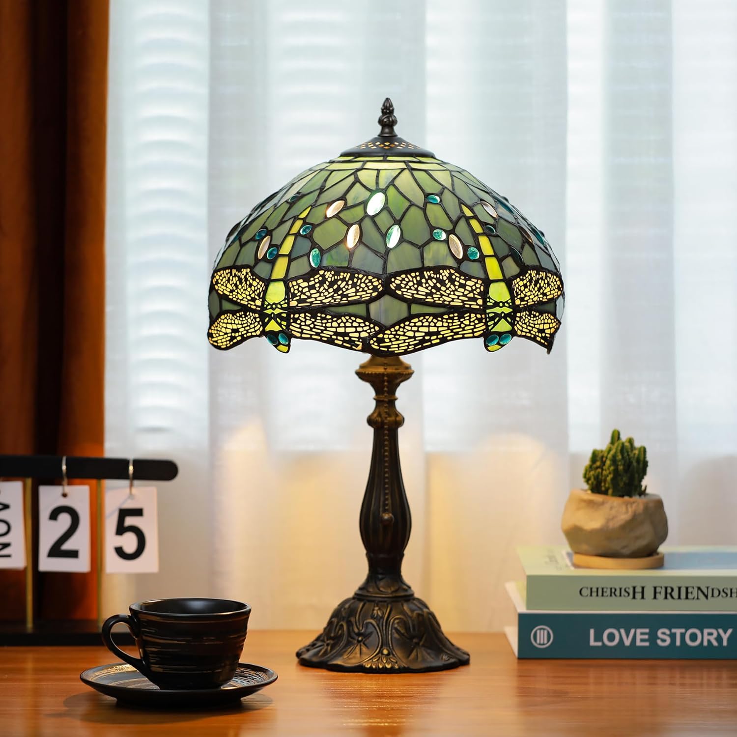 Tiffany Lamps Sea Blue Dragonfly Style Stained Glass Table Lamp Desk Bedside Reading Light 12X12X18.5 Inches with Bronze Resin Base Applicable to Bedroom Living Room Office