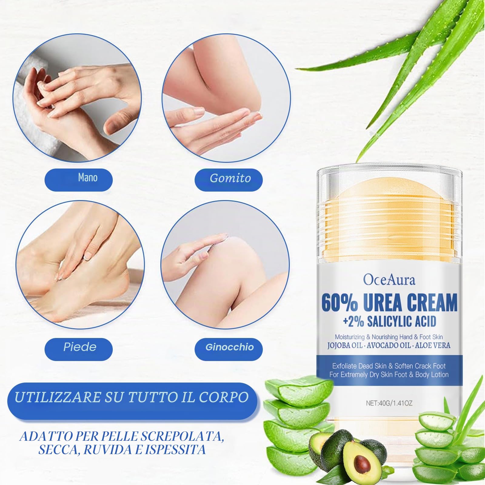 Crema Piedi Urea 60%,Crema Urea,100g panna Idratante +40g Foot panna Stick,Un'idratazione Profonda,per la Riparazione di e Mani,lozione per Piedi per Pelle Secca,Screpolata