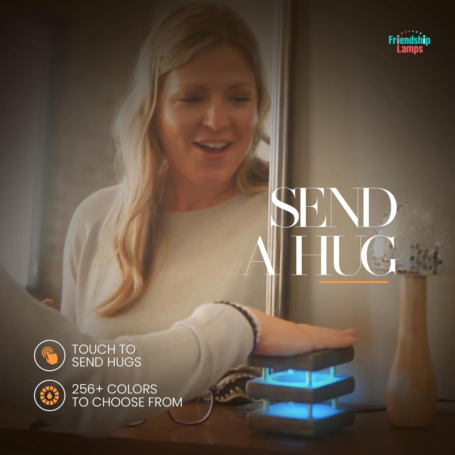 Friendship Lamps Mini Square Mid-Century Kona Wood Design Handmade in USA - Wi-Fi Touch Lamp Light for Long-Distance, Connection, Relationship, Gift, 200+ Colors, App Setup