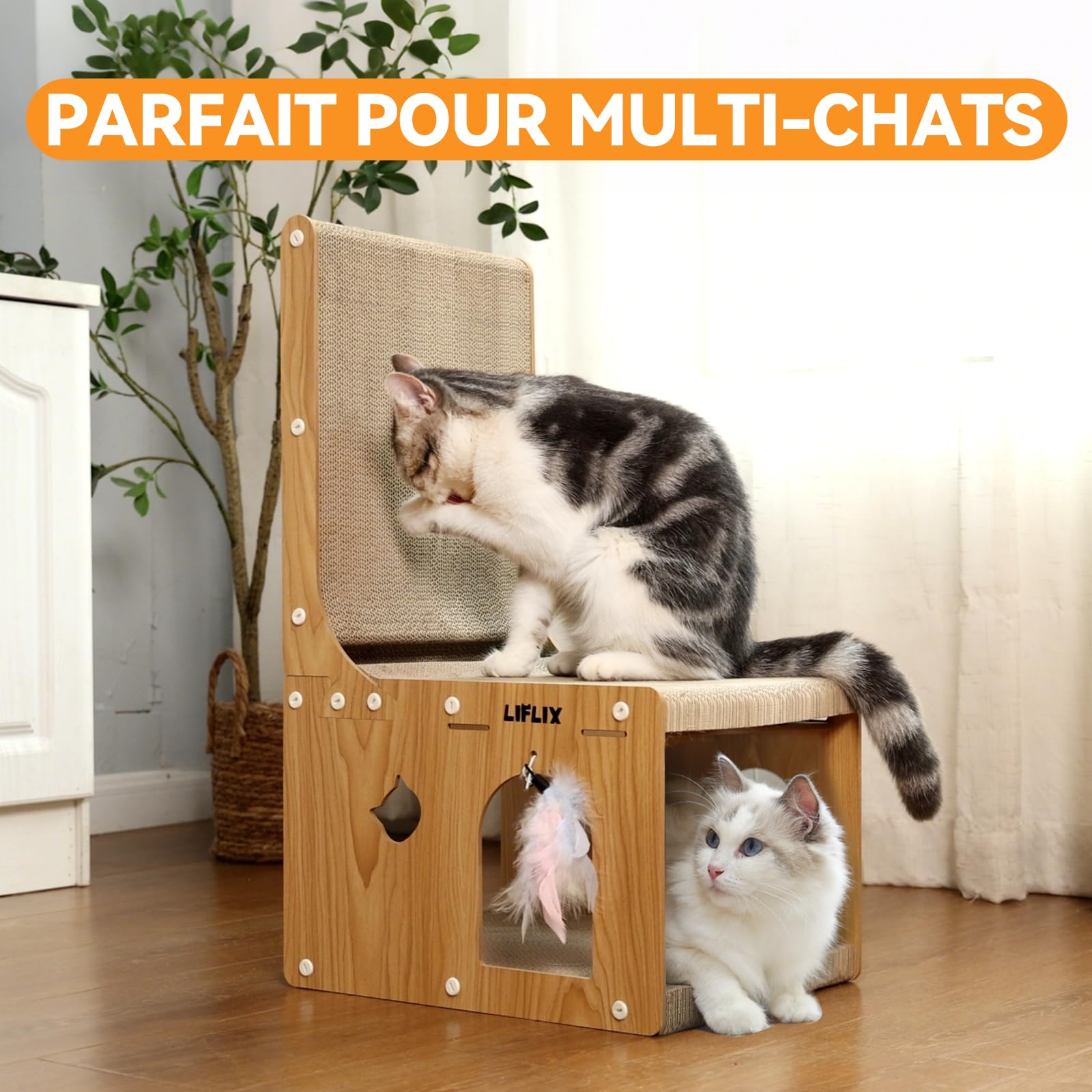 LIFLIX Griffoir pour Chat en L à Double épaisseur, Poteau à griffer en Carton avec Jouets, Griffoir et Cachette pour Chats d'Intérieur, se Reposer et Jouer
