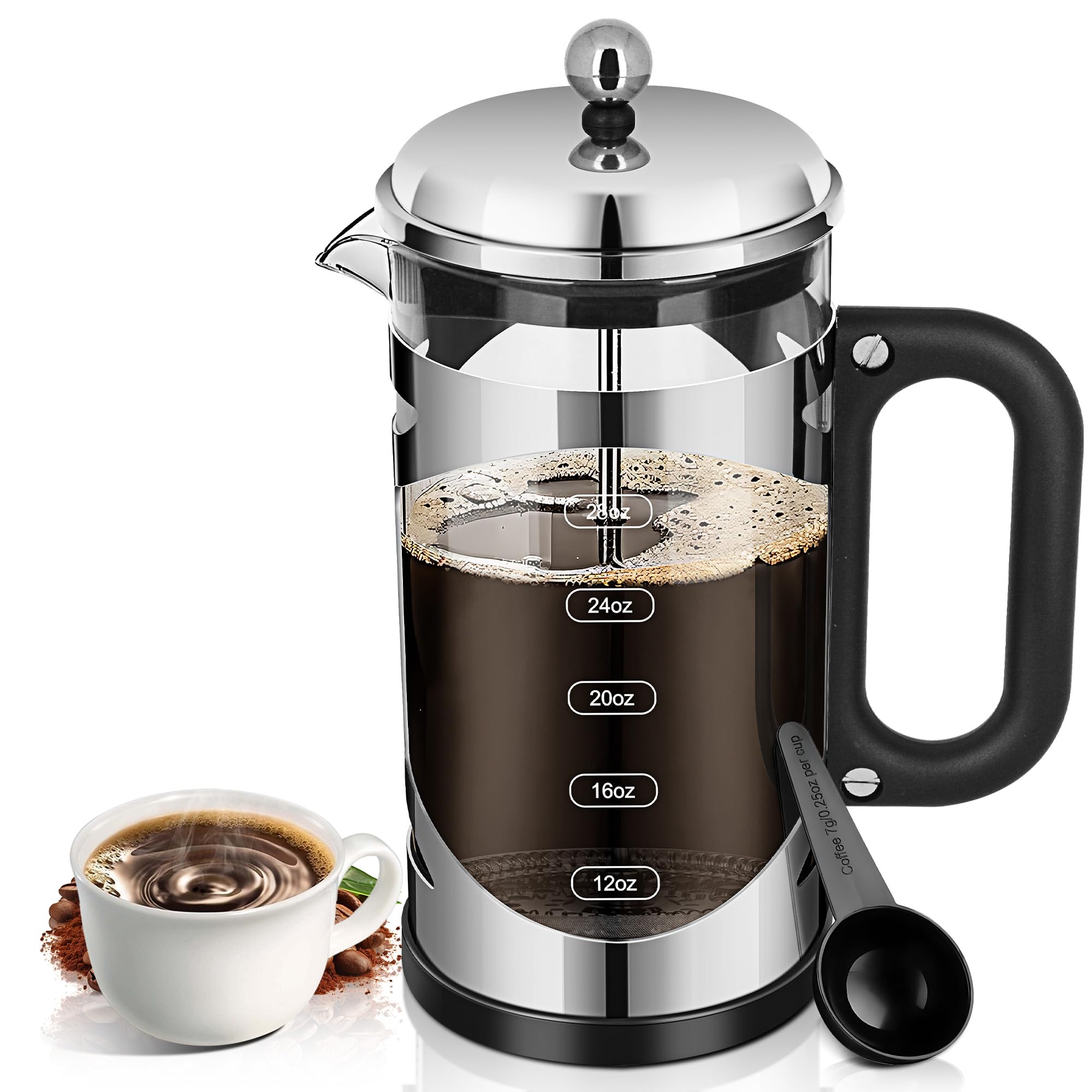 34 Ounce French Press Coffee Maker Chromium Stainless Steel Coffee Press, with 4-Level Filter System, Heat Resistant Thickness Borosilicate Glass, BPA-Free Brewed Coffee Pot for Camping Gifts