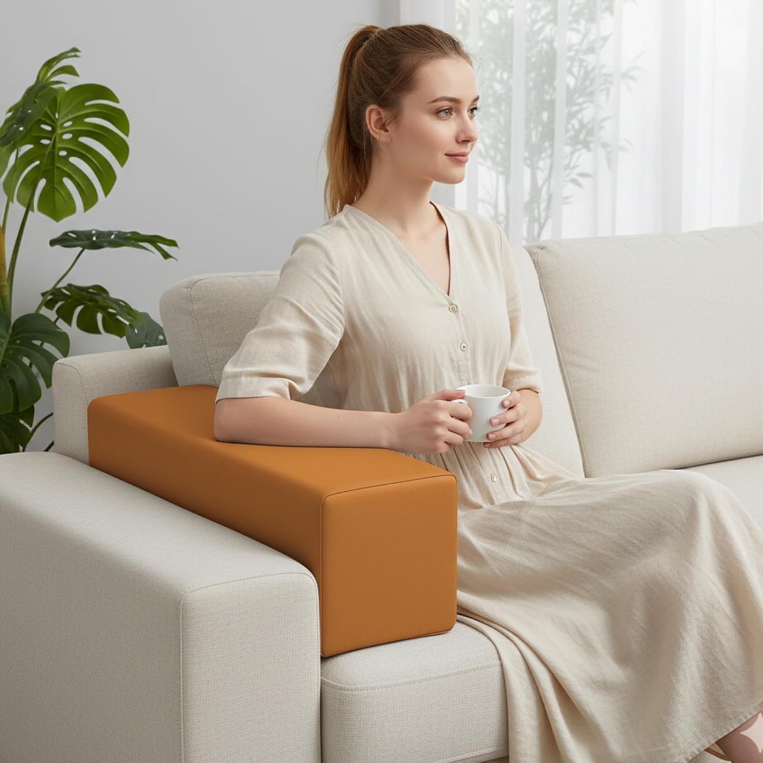 Arm Rest Pillow 2 Pack High Density Foam Couch Arm Rest Cushion Waterproof Leather Zipper Removable Armrest Pillow for Sofa Chair Bed Elbow Support Comfortable Armrest Pillows 19.6x8x8in, Orange