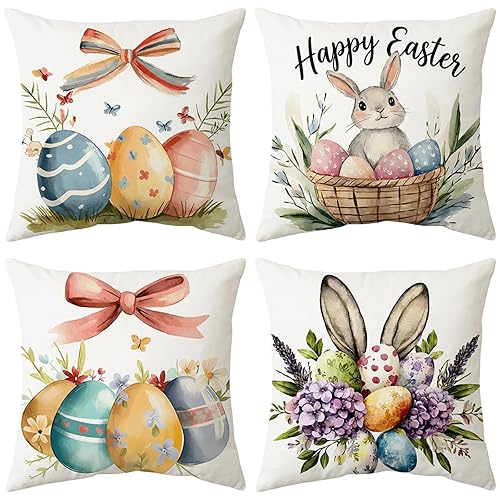 Easter Pillow Covers 18x18 Inch Set of 4, Bunny Rabbit