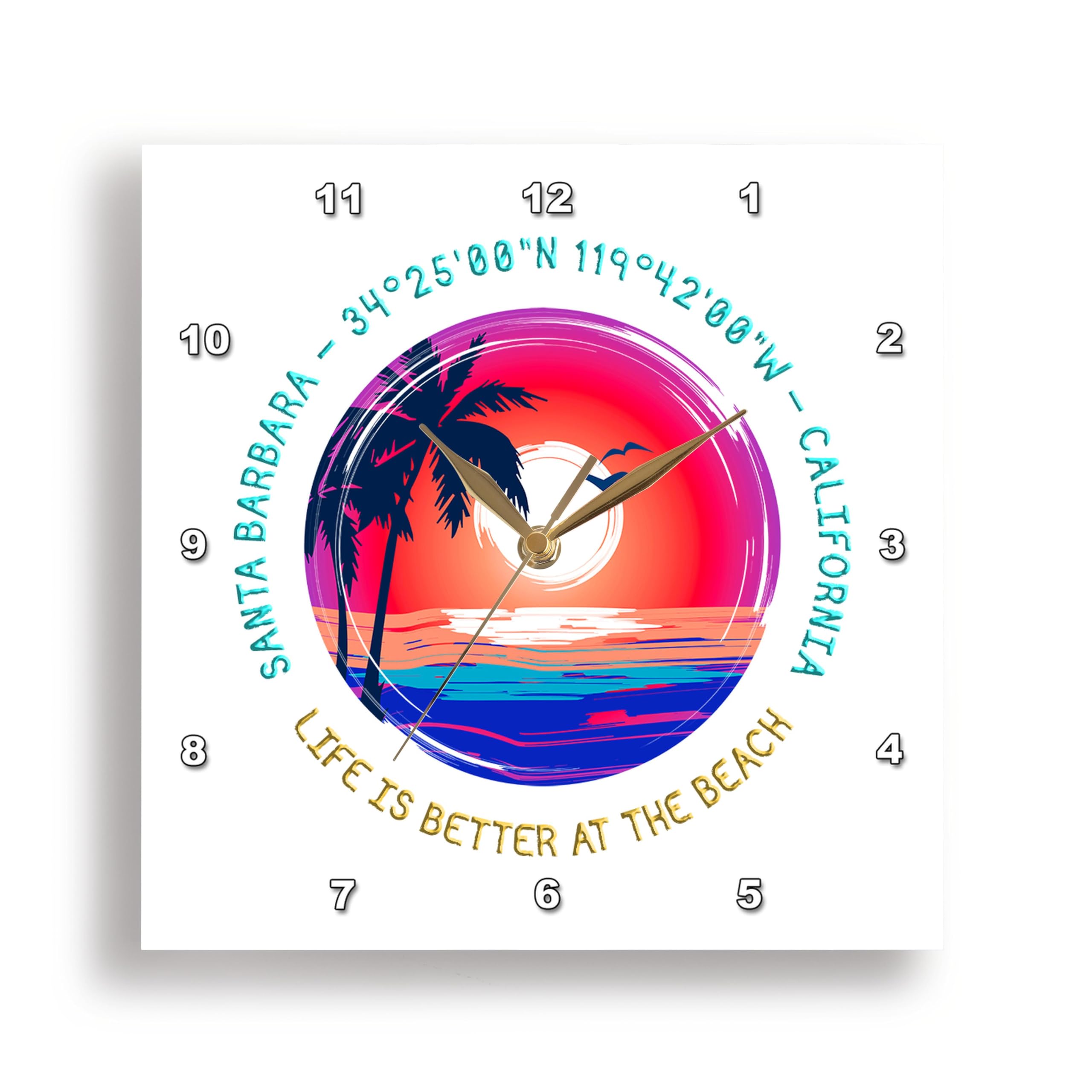 3dRose Wall Clock Silent - 15 inch - Santa Barbara, California. Life is Better at The Beach Travel Gift - Alexis Design - American Beaches California