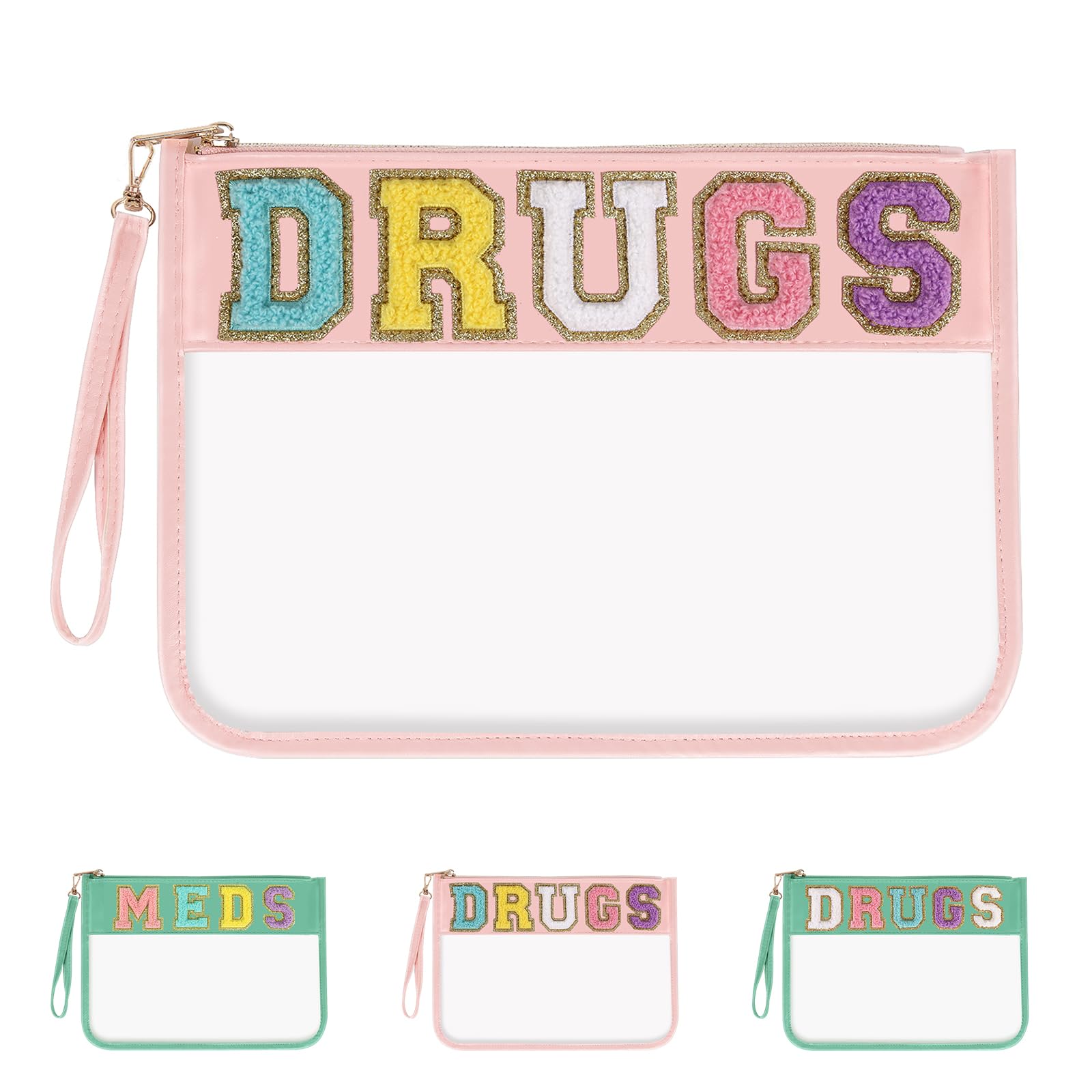 Iqimott Chenille Letter Patch Bag Clear MEDS Drugs Pouch, Preppy Portable Cosmetic Makeup Bag for Women Girls Travel, Waterproof Nylon Zipper Toiletry