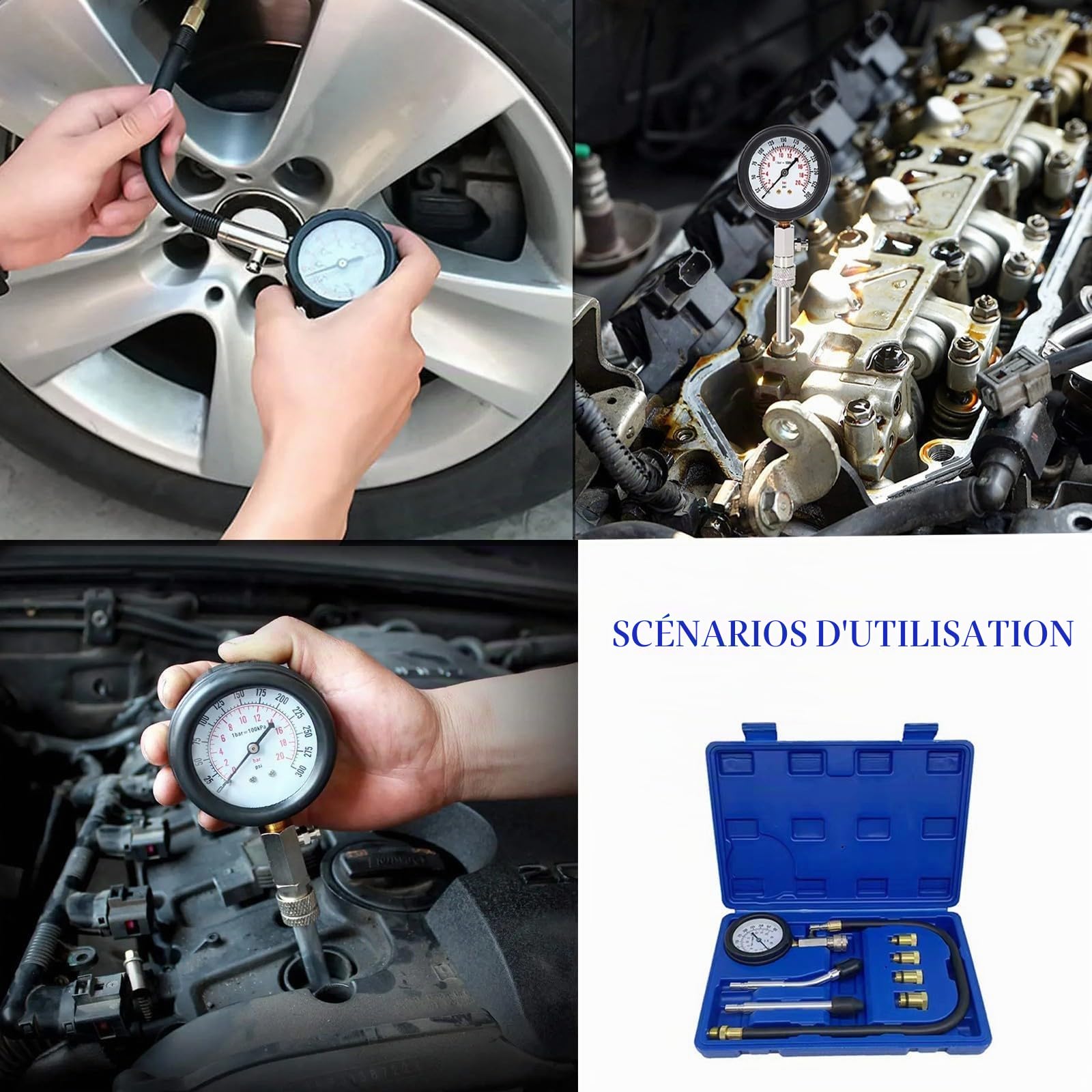 Kit testeur de compression standard pour essence 0-20 bar et 0-300 psi, testeur de compression automatique pour moteur M10, M12, M14, M18
