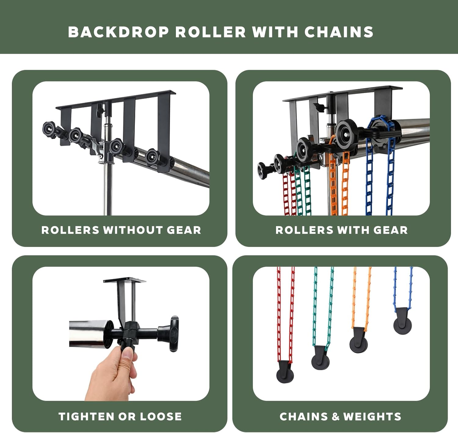Photography Backdrop Roller Support System, 4 Rollers, 120-inch Stainless Steel Crossbars, Wall/Celing/Light Stand Backdrop Mount, Background Support