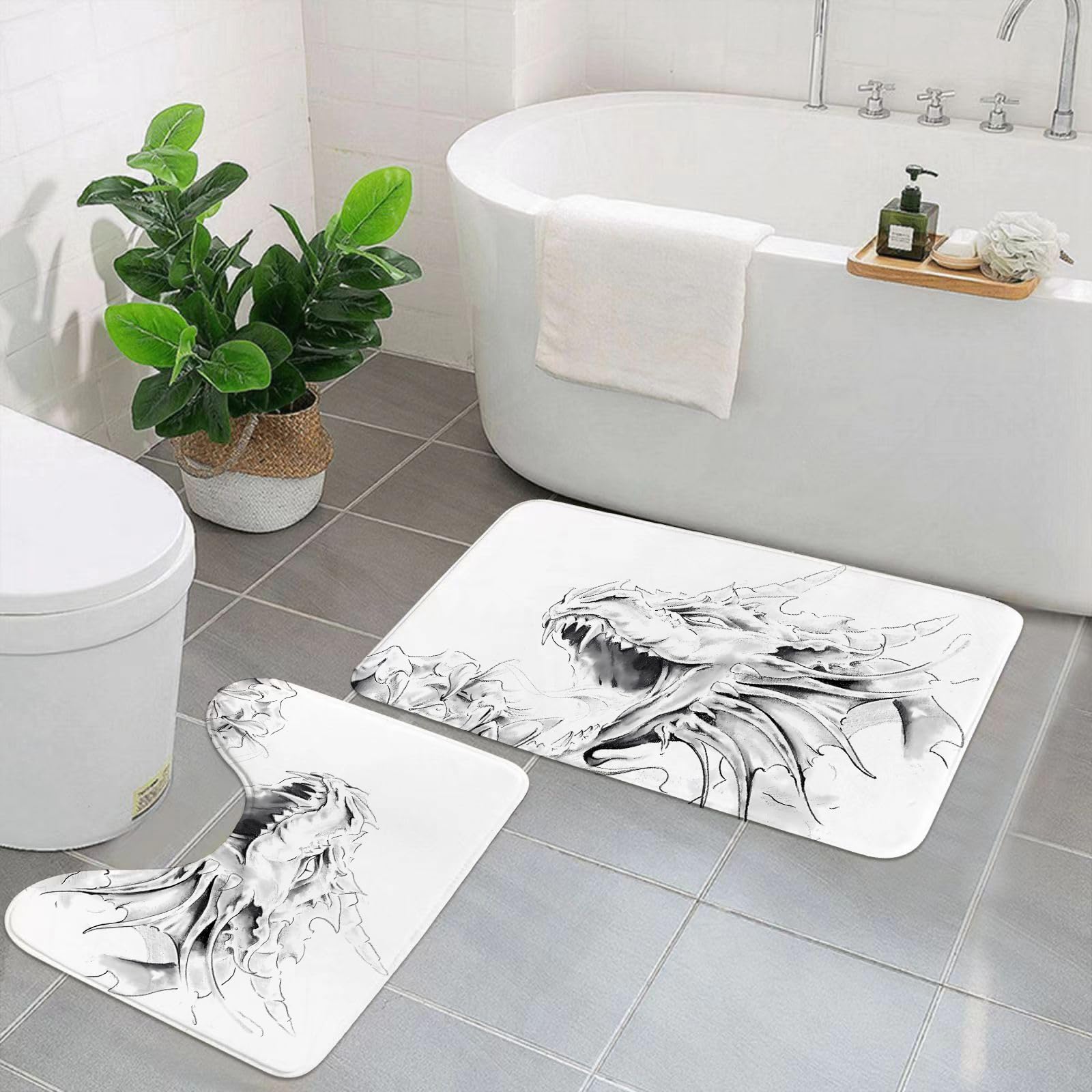 KGDHY 2 Pieces Bath Mat and Toilet Mat Set,Dragon outline for coloring book. Angry fantasy creature. Vector illustration,Pattern Quick Dry Bathroom Mats,Non-slip Bathtub Rug for Bathroom Sink Toilet