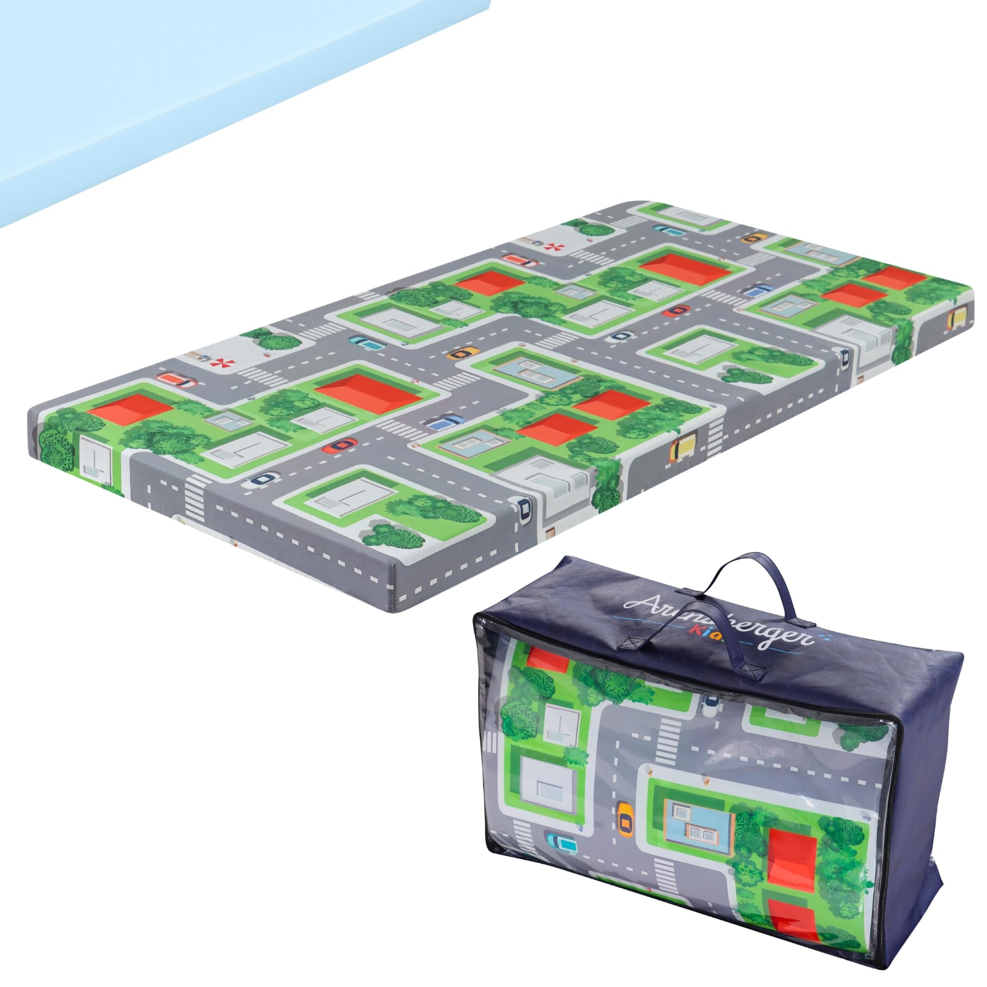 Arensberger Reisebett Matratze für Kinderbetten, Kinderreisebett 60x120 cm, 6cm Hoch, faltbar klappbar, Gelschaum, waschbarer Bezug, Tragetasche, Babybettmatratze, Babymatratze Kindermatratze, Öko-Tex