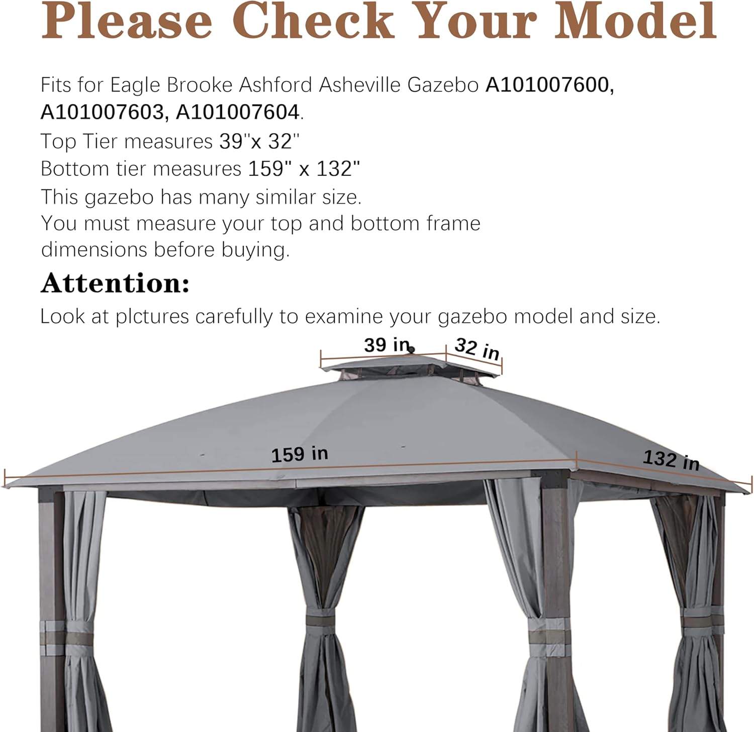 SCOCANOPY Gazebo Replacement Cover Compatible with 10X12 Eagle Brooke Soft Top Model A101007600, A101007603, A101007604,(Grey)