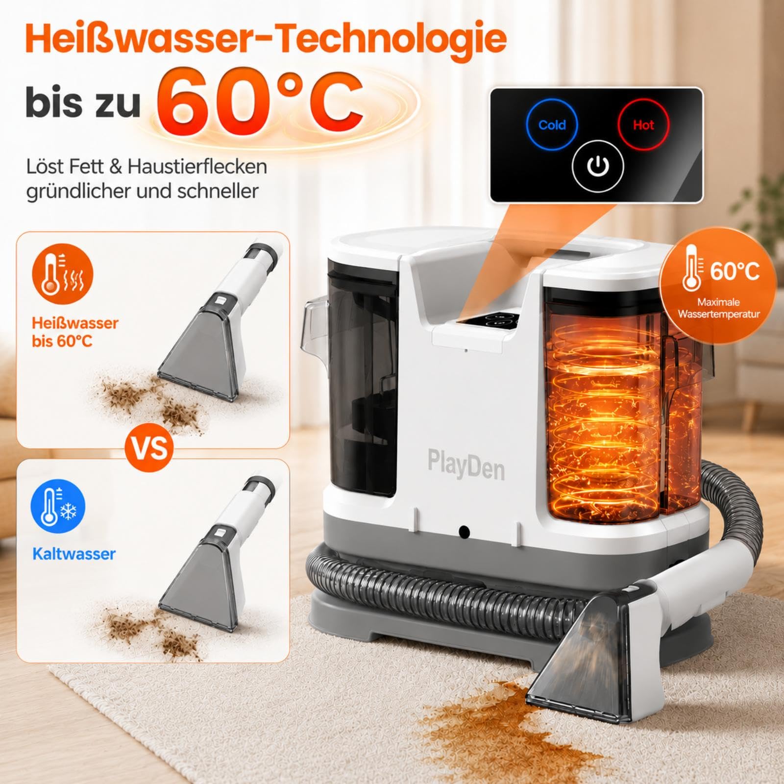 Polsterreiniger Gerät Nasssauger Waschsauger, 450W Waschsauger Teppichreiniger, 12Kpa Polsterreiniger Gerät Mit Tierhaarbürste für Sofa, Teppich, Polster Autositze und Treppen