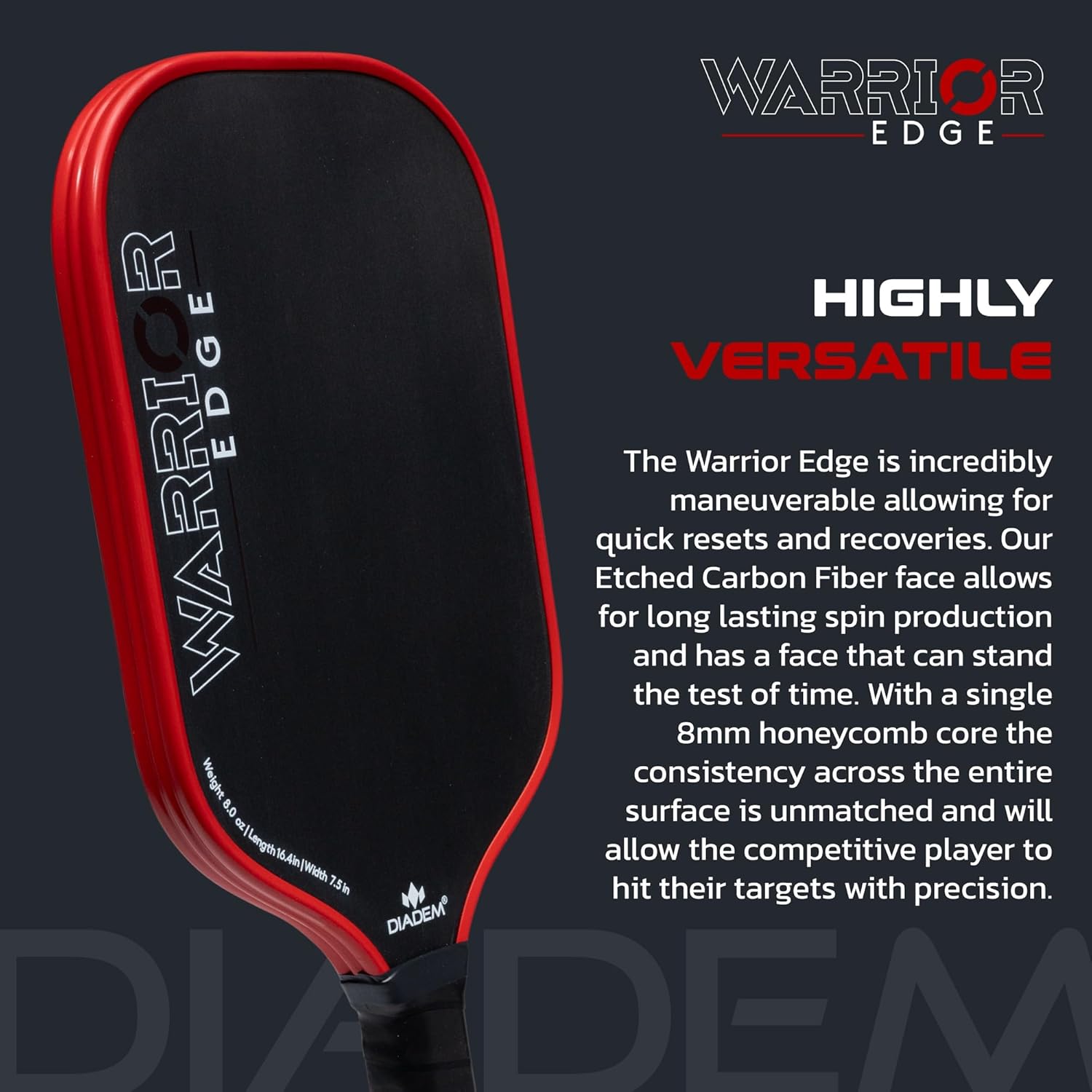 Diadem Warrior Edge Pickleball Paddles | Etched Carbon Face for Max Spin, 16mm Aero Guard, Comfort Max Grip, 16mm Honeycomb Core, Midweight 8oz | Indoor/Outdoor | USAPA Approved