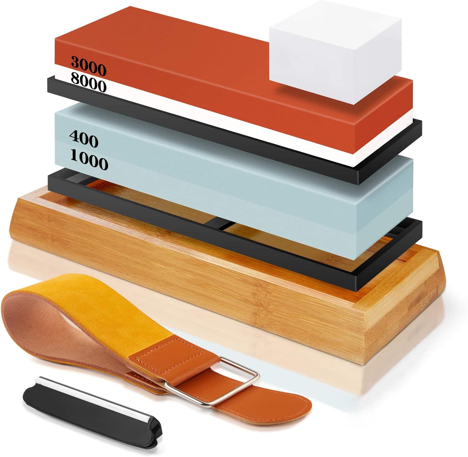 Knife Sharpener Whetstone Kit 400 1000 3000 8000# Knife Sharpener Set Sharpening Stones With Non Slip Bamboo Base 1Set